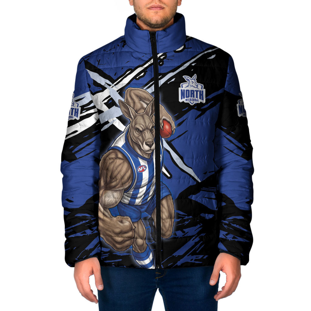 North Melbourne Football Club Padded Jacket Kangaroos Muscular Mascot Graphic - Abstract Paint Splatter Art