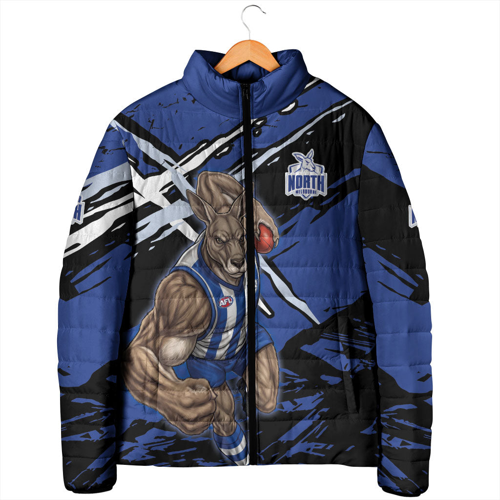 North Melbourne Football Club Padded Jacket Kangaroos Muscular Mascot Graphic - Abstract Paint Splatter Art