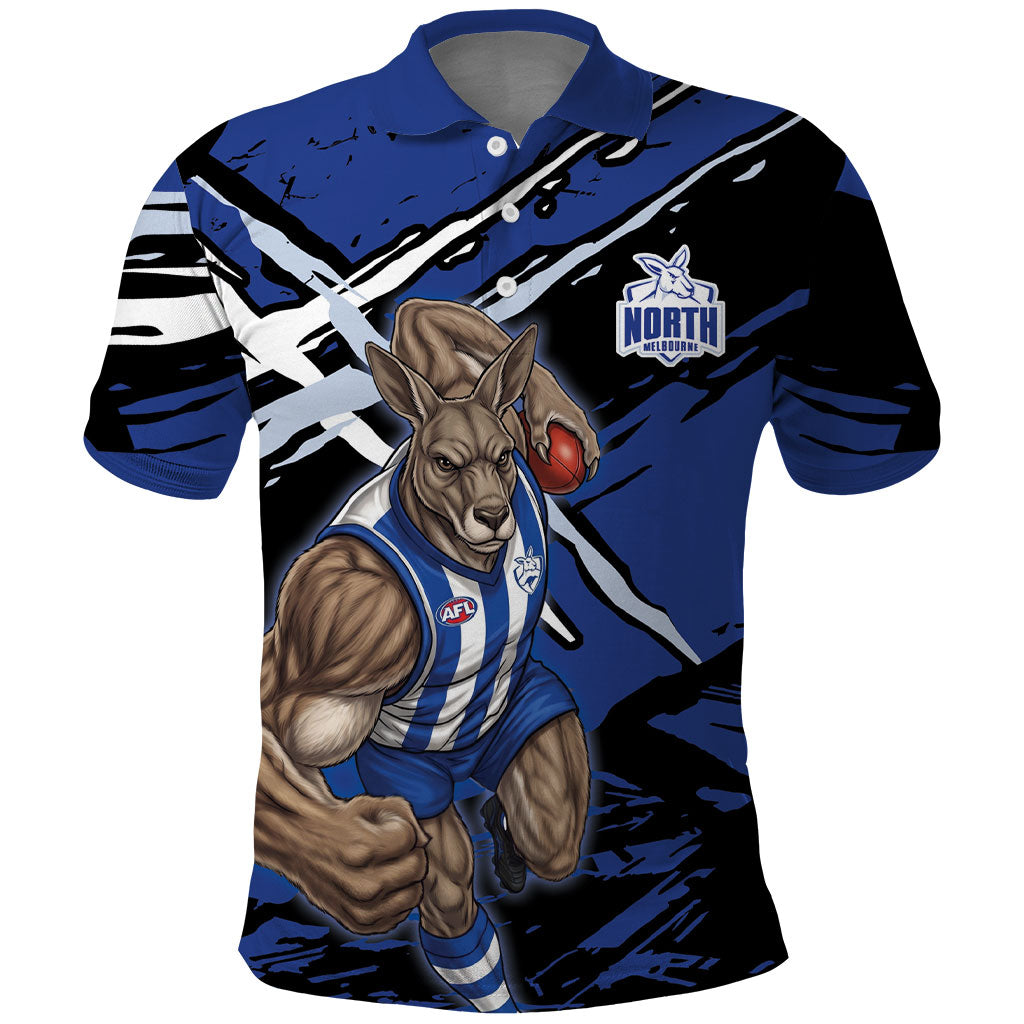 North Melbourne Football Club Polo Shirt Kangaroos Muscular Mascot Graphic - Abstract Paint Splatter Art