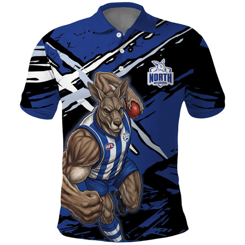 North Melbourne Football Club Polo Shirt Kangaroos Muscular Mascot Graphic - Abstract Paint Splatter Art