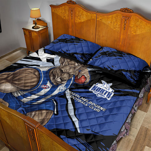 North Melbourne Football Club Quilt Bed Set Kangaroos Muscular Mascot Graphic - Abstract Paint Splatter Art