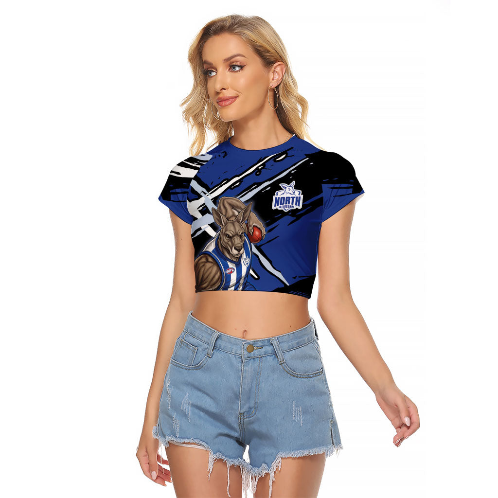 North Melbourne Football Club Raglan Cropped T Shirt Kangaroos Muscular Mascot Graphic - Abstract Paint Splatter Art
