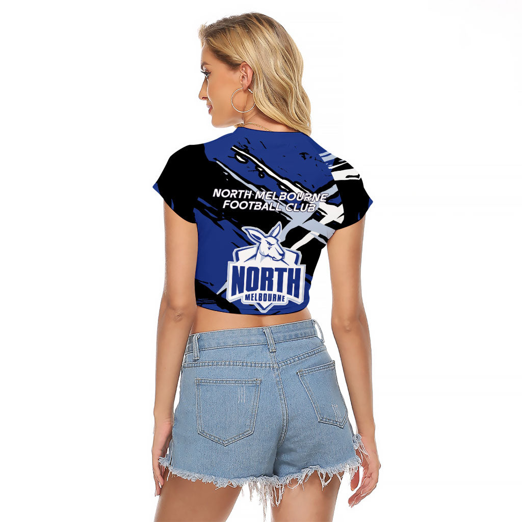 North Melbourne Football Club Raglan Cropped T Shirt Kangaroos Muscular Mascot Graphic - Abstract Paint Splatter Art