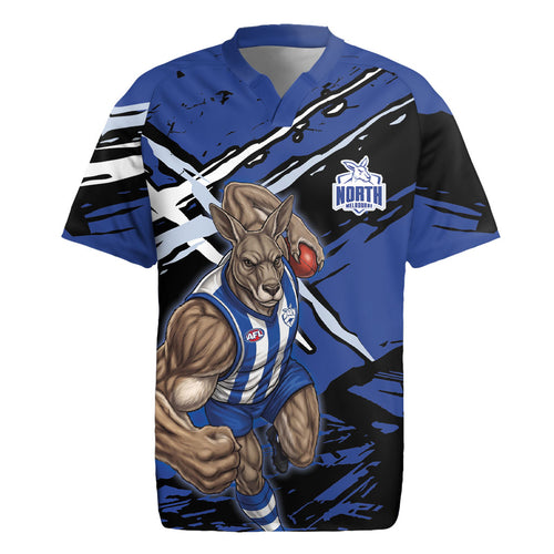 North Melbourne Football Club Rugby Jersey Kangaroos Muscular Mascot Graphic - Abstract Paint Splatter Art