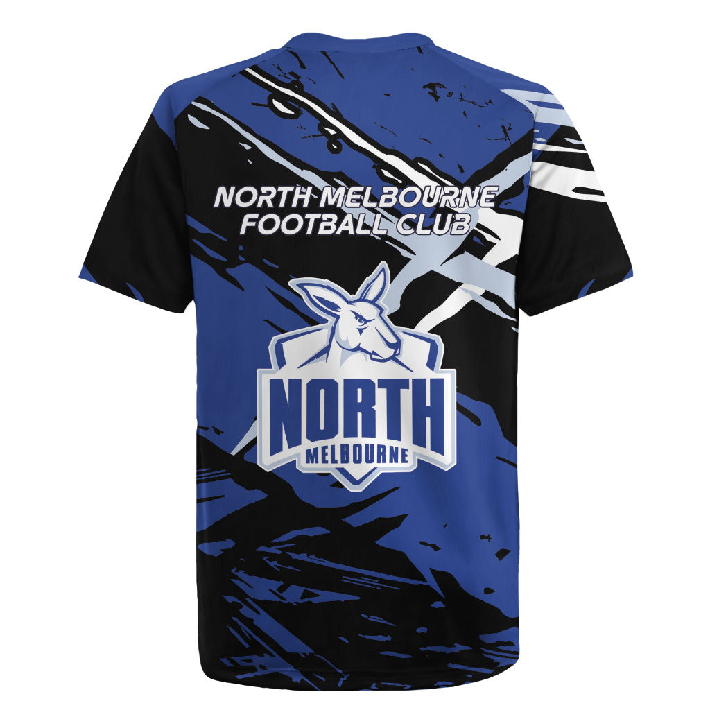 North Melbourne Football Club Rugby Jersey Kangaroos Muscular Mascot Graphic - Abstract Paint Splatter Art