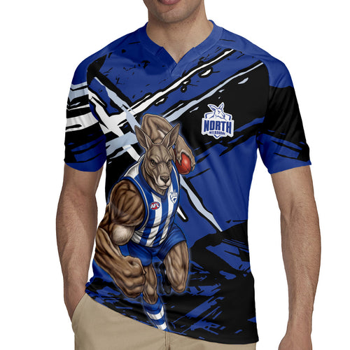 North Melbourne Football Club Rugby Jersey Kangaroos Muscular Mascot Graphic - Abstract Paint Splatter Art