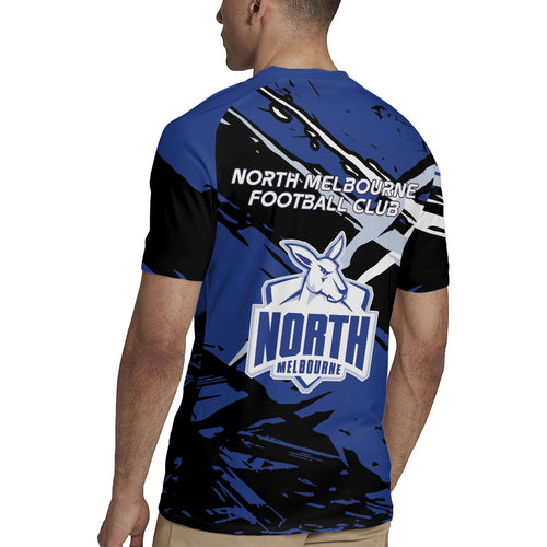 North Melbourne Football Club Rugby Jersey Kangaroos Muscular Mascot Graphic - Abstract Paint Splatter Art