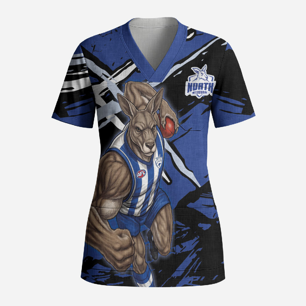 North Melbourne Football Club Scrub Top Kangaroos Muscular Mascot Graphic - Abstract Paint Splatter Art