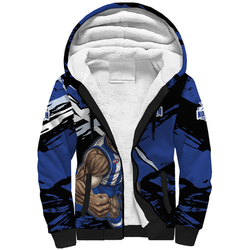 North Melbourne Football Club Sherpa Hoodie Kangaroos Muscular Mascot Graphic - Abstract Paint Splatter Art