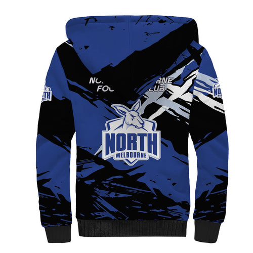 North Melbourne Football Club Sherpa Hoodie Kangaroos Muscular Mascot Graphic - Abstract Paint Splatter Art