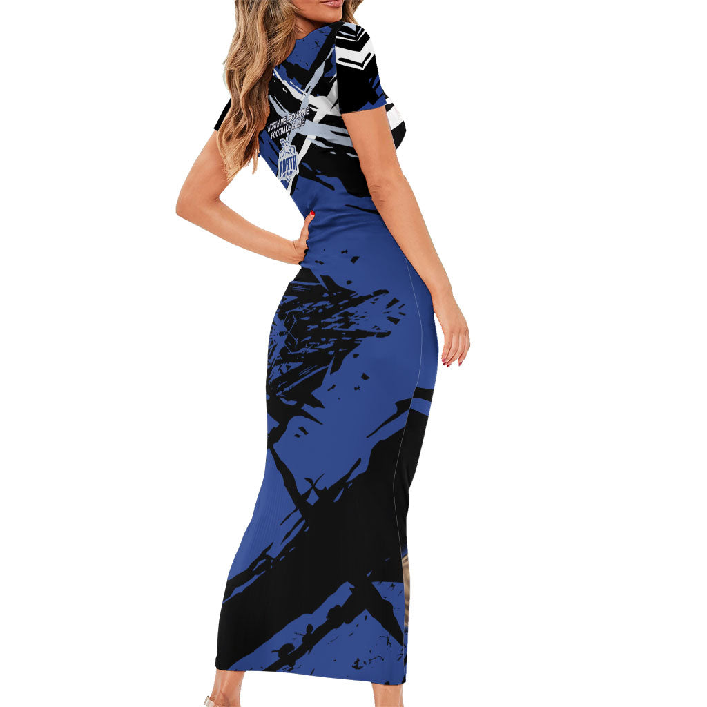 North Melbourne Football Club Short Sleeve Bodycon Dress Kangaroos Muscular Mascot Graphic - Abstract Paint Splatter Art