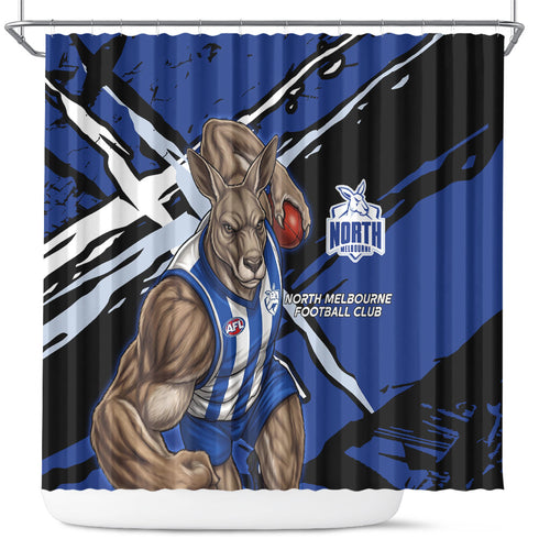 North Melbourne Football Club Shower Curtain Kangaroos Muscular Mascot Graphic - Abstract Paint Splatter Art