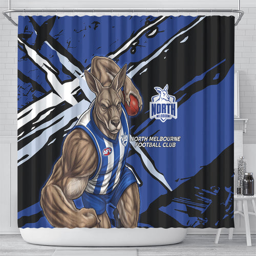 North Melbourne Football Club Shower Curtain Kangaroos Muscular Mascot Graphic - Abstract Paint Splatter Art