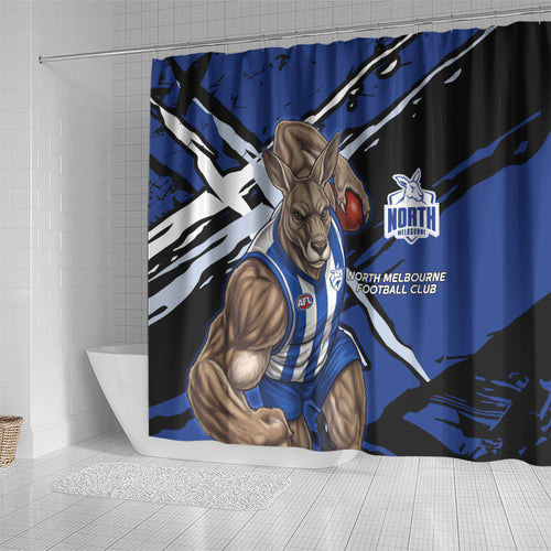 North Melbourne Football Club Shower Curtain Kangaroos Muscular Mascot Graphic - Abstract Paint Splatter Art