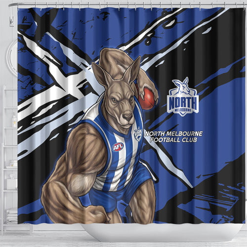North Melbourne Football Club Shower Curtain Kangaroos Muscular Mascot Graphic - Abstract Paint Splatter Art