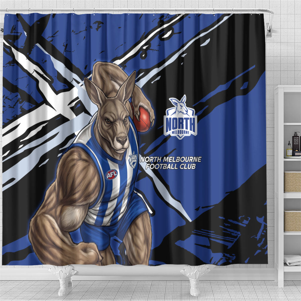 North Melbourne Football Club Shower Curtain Kangaroos Muscular Mascot Graphic - Abstract Paint Splatter Art