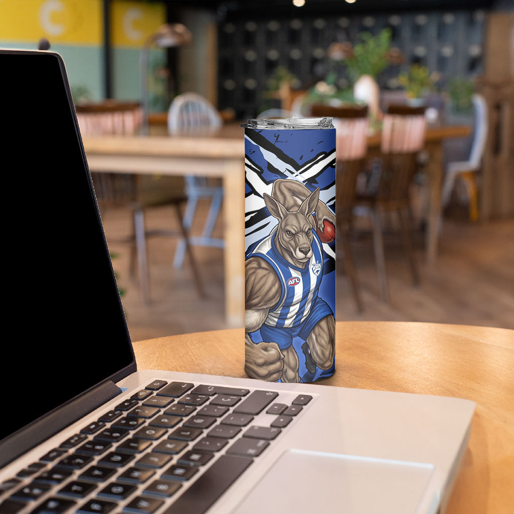 North Melbourne Football Club Skinny Tumbler Kangaroos Muscular Mascot Graphic - Abstract Paint Splatter Art