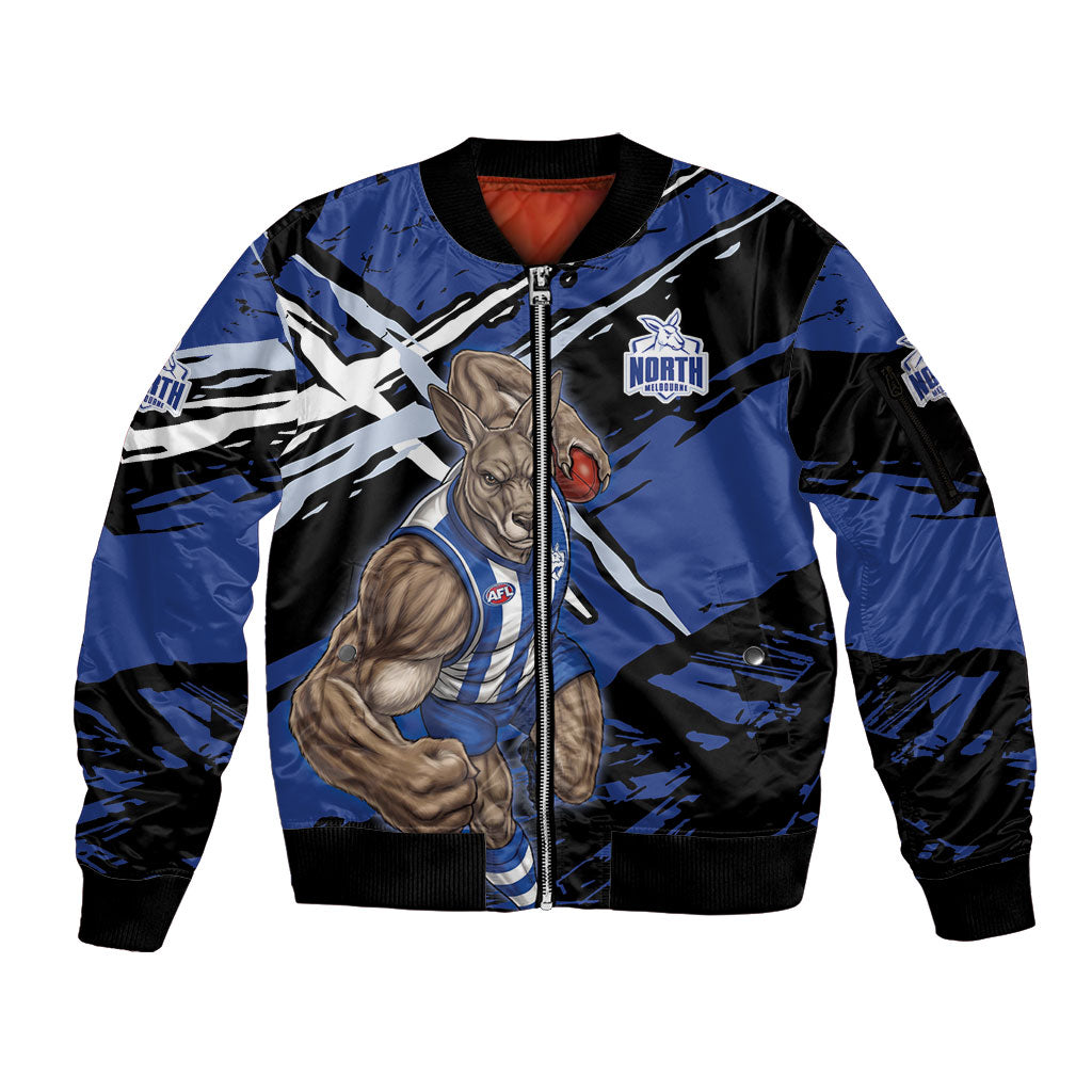 North Melbourne Football Club Sleeve Zip Bomber Jacket Kangaroos Muscular Mascot Graphic - Abstract Paint Splatter Art