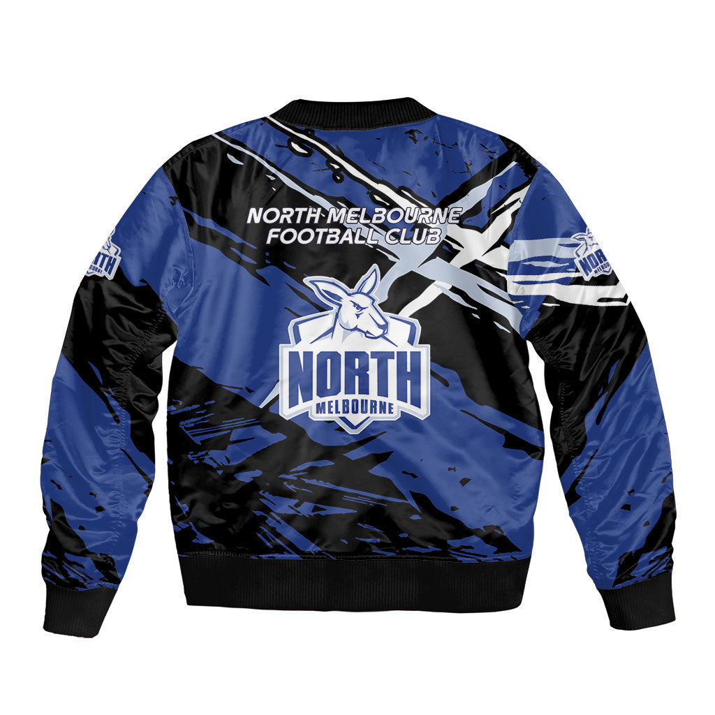 North Melbourne Football Club Sleeve Zip Bomber Jacket Kangaroos Muscular Mascot Graphic - Abstract Paint Splatter Art