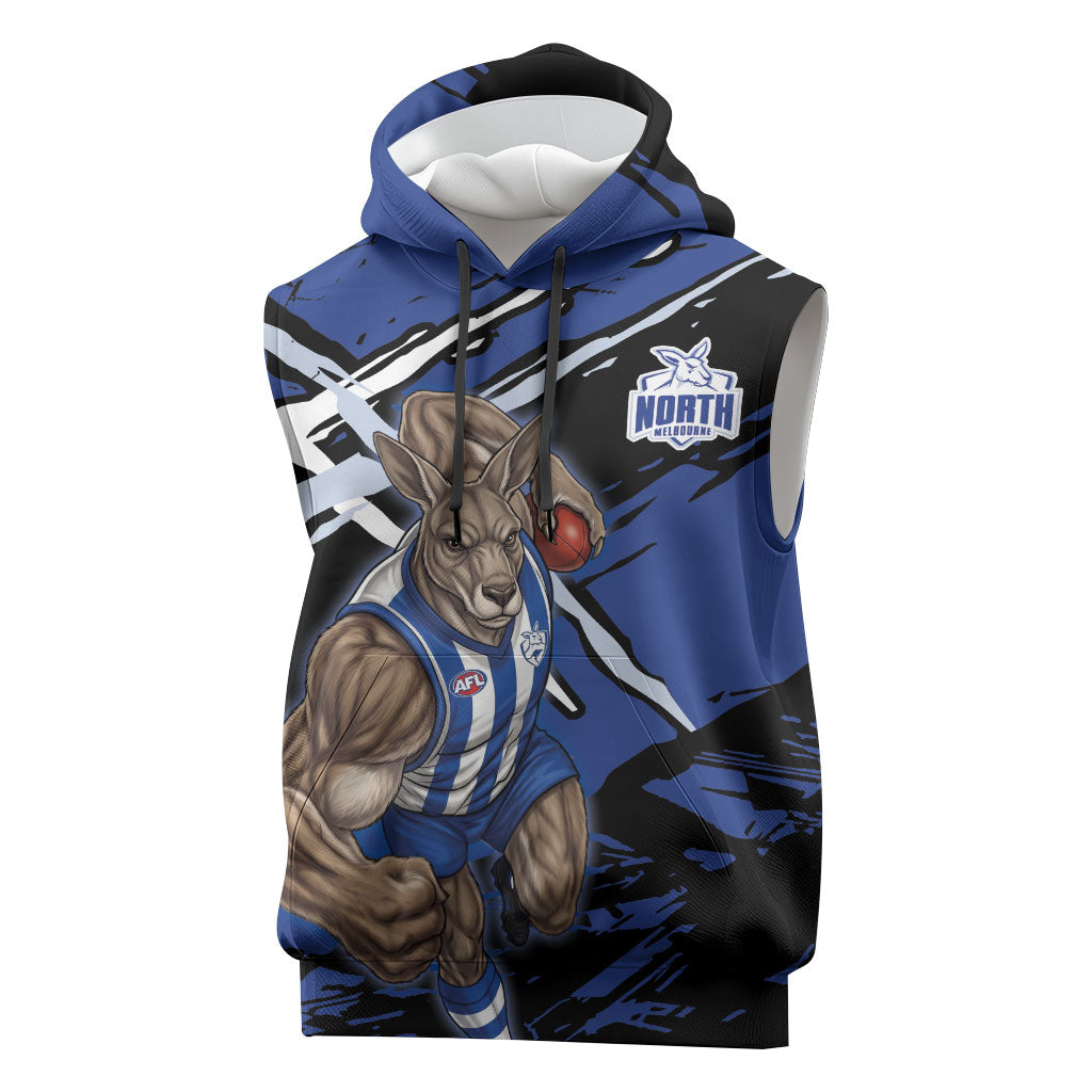 North Melbourne Football Club Sleeveless Hoodie Kangaroos Muscular Mascot Graphic - Abstract Paint Splatter Art