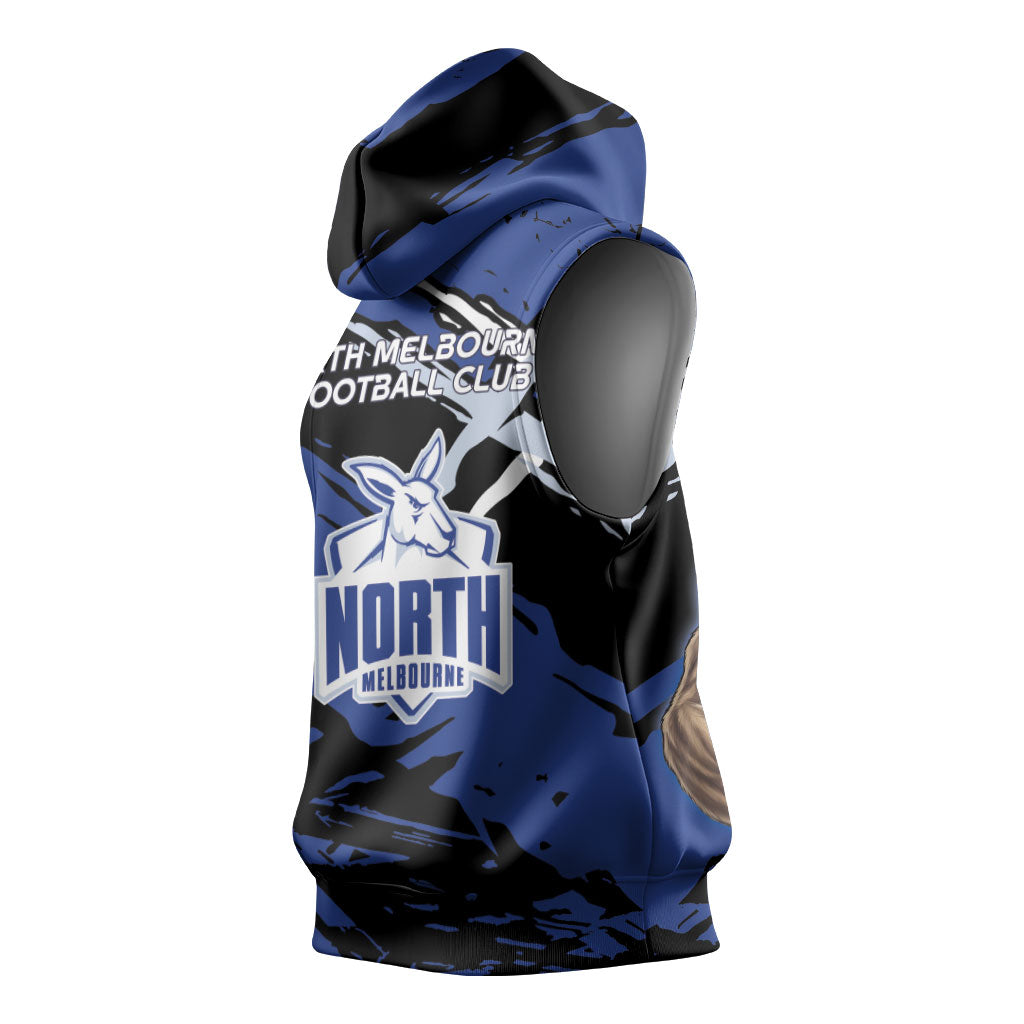 North Melbourne Football Club Sleeveless Hoodie Kangaroos Muscular Mascot Graphic - Abstract Paint Splatter Art