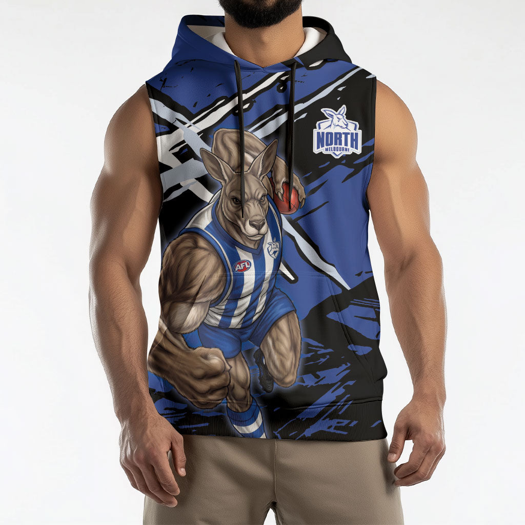 North Melbourne Football Club Sleeveless Hoodie Kangaroos Muscular Mascot Graphic - Abstract Paint Splatter Art