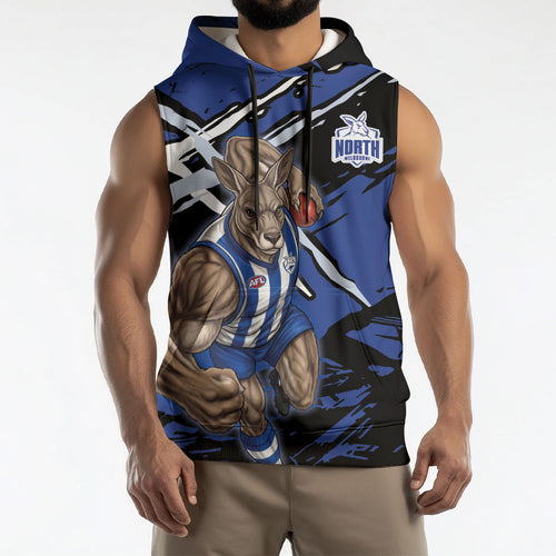 North Melbourne Football Club Sleeveless Hoodie Kangaroos Muscular Mascot Graphic - Abstract Paint Splatter Art