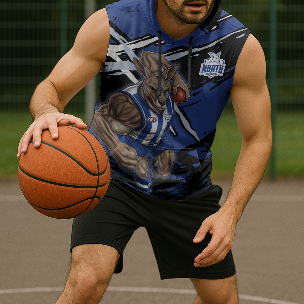 North Melbourne Football Club Sleeveless Hoodie Kangaroos Muscular Mascot Graphic - Abstract Paint Splatter Art