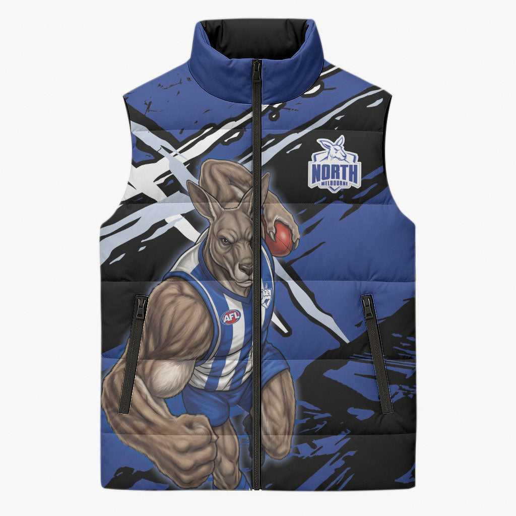 North Melbourne Football Club Sleeveless Puffer Jacket Kangaroos Muscular Mascot Graphic - Abstract Paint Splatter Art