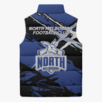 North Melbourne Football Club Sleeveless Puffer Jacket Kangaroos Muscular Mascot Graphic - Abstract Paint Splatter Art
