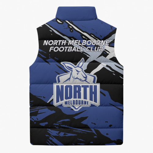 North Melbourne Football Club Sleeveless Puffer Jacket Kangaroos Muscular Mascot Graphic - Abstract Paint Splatter Art