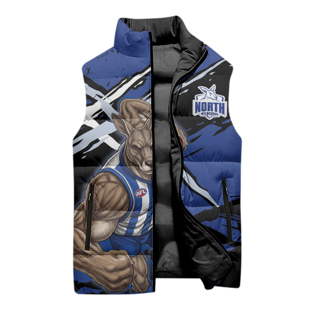 North Melbourne Football Club Sleeveless Puffer Jacket Kangaroos Muscular Mascot Graphic - Abstract Paint Splatter Art
