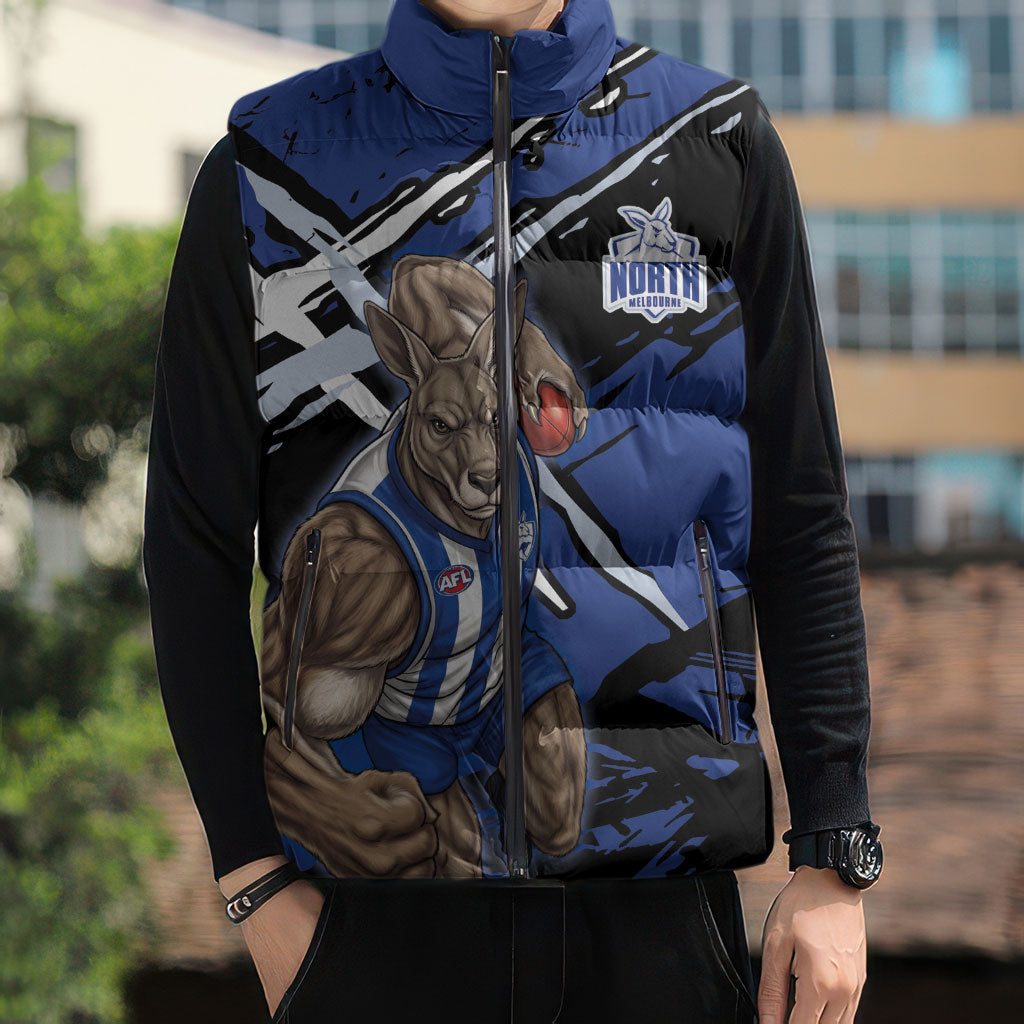 North Melbourne Football Club Sleeveless Puffer Jacket Kangaroos Muscular Mascot Graphic - Abstract Paint Splatter Art