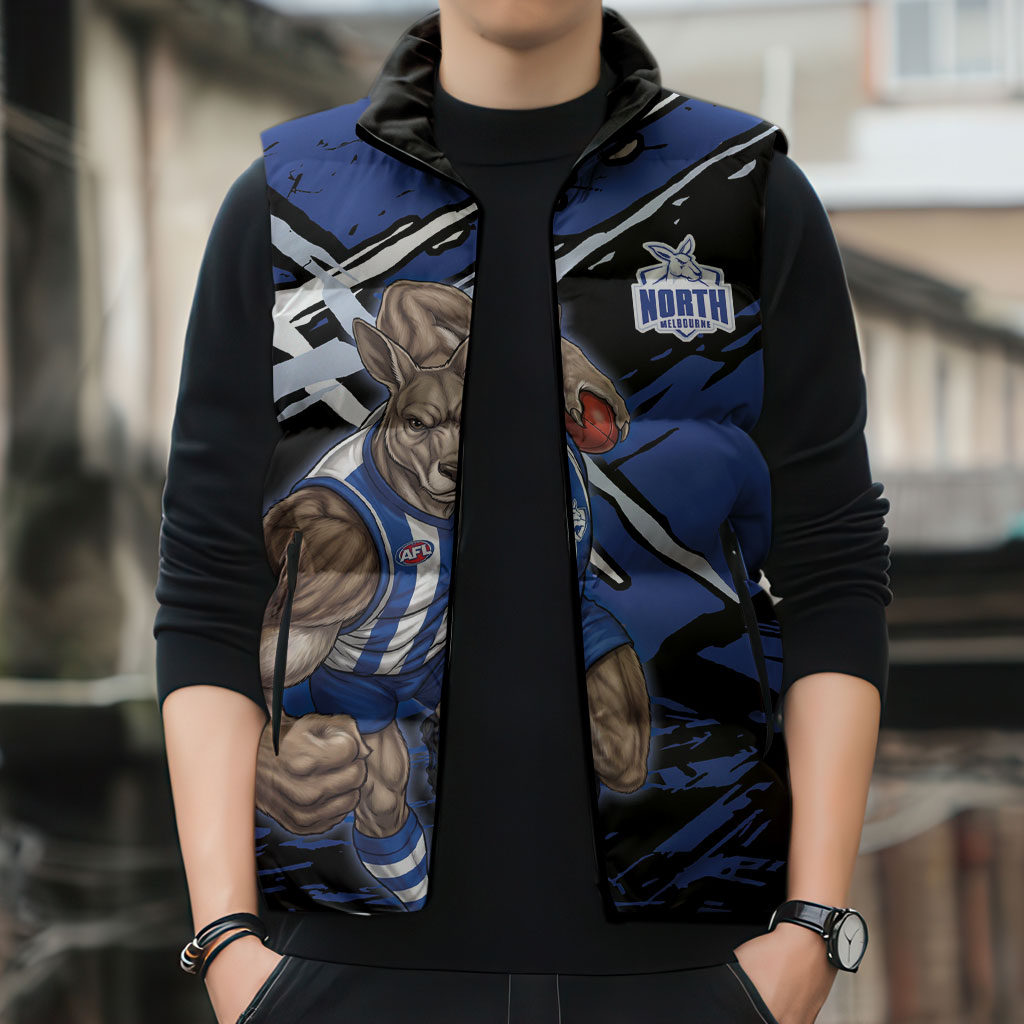 North Melbourne Football Club Sleeveless Puffer Jacket Kangaroos Muscular Mascot Graphic - Abstract Paint Splatter Art
