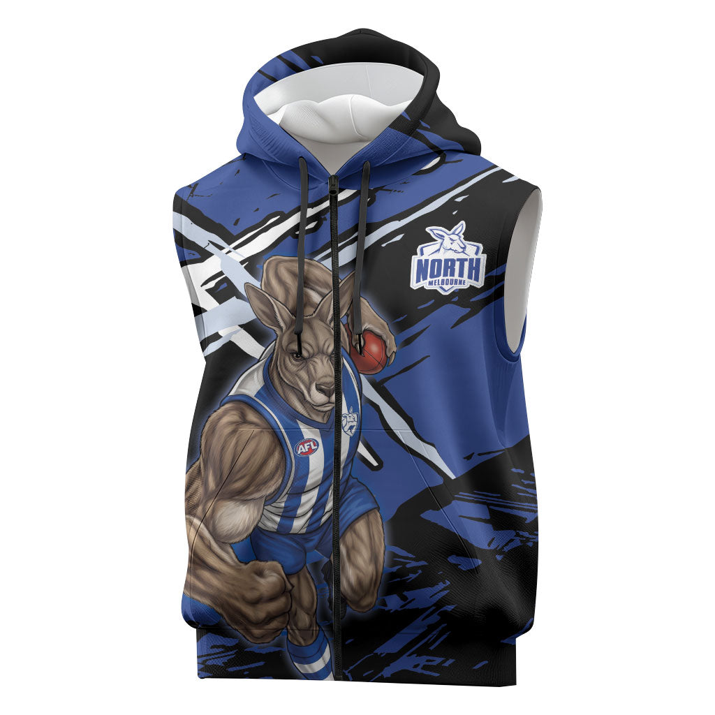 North Melbourne Football Club Sleeveless Zip Hoodie Kangaroos Muscular Mascot Graphic - Abstract Paint Splatter Art