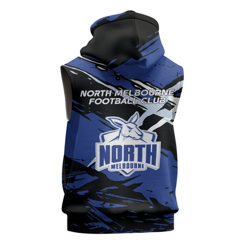 North Melbourne Football Club Sleeveless Zip Hoodie Kangaroos Muscular Mascot Graphic - Abstract Paint Splatter Art