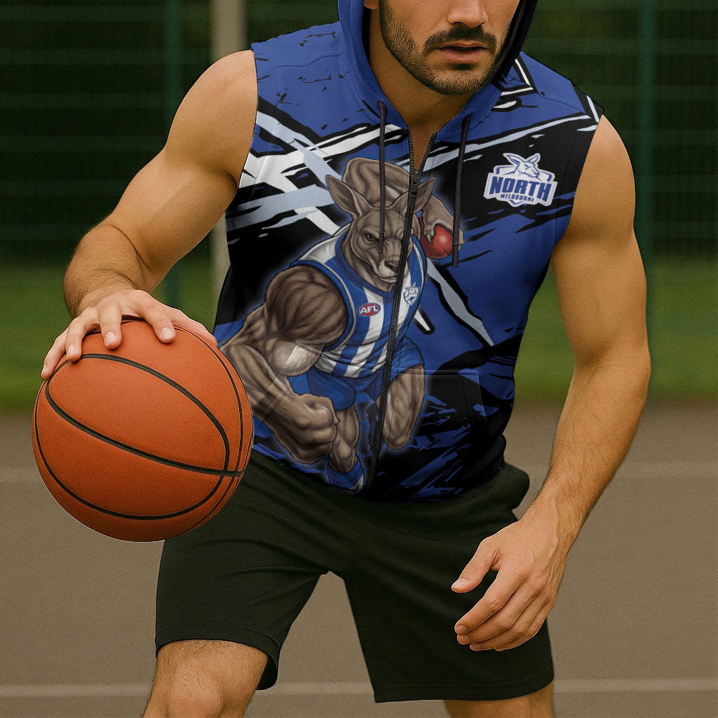 North Melbourne Football Club Sleeveless Zip Hoodie Kangaroos Muscular Mascot Graphic - Abstract Paint Splatter Art
