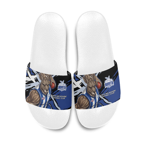 North Melbourne Football Club Slide Sandals Kangaroos Muscular Mascot Graphic - Abstract Paint Splatter Art