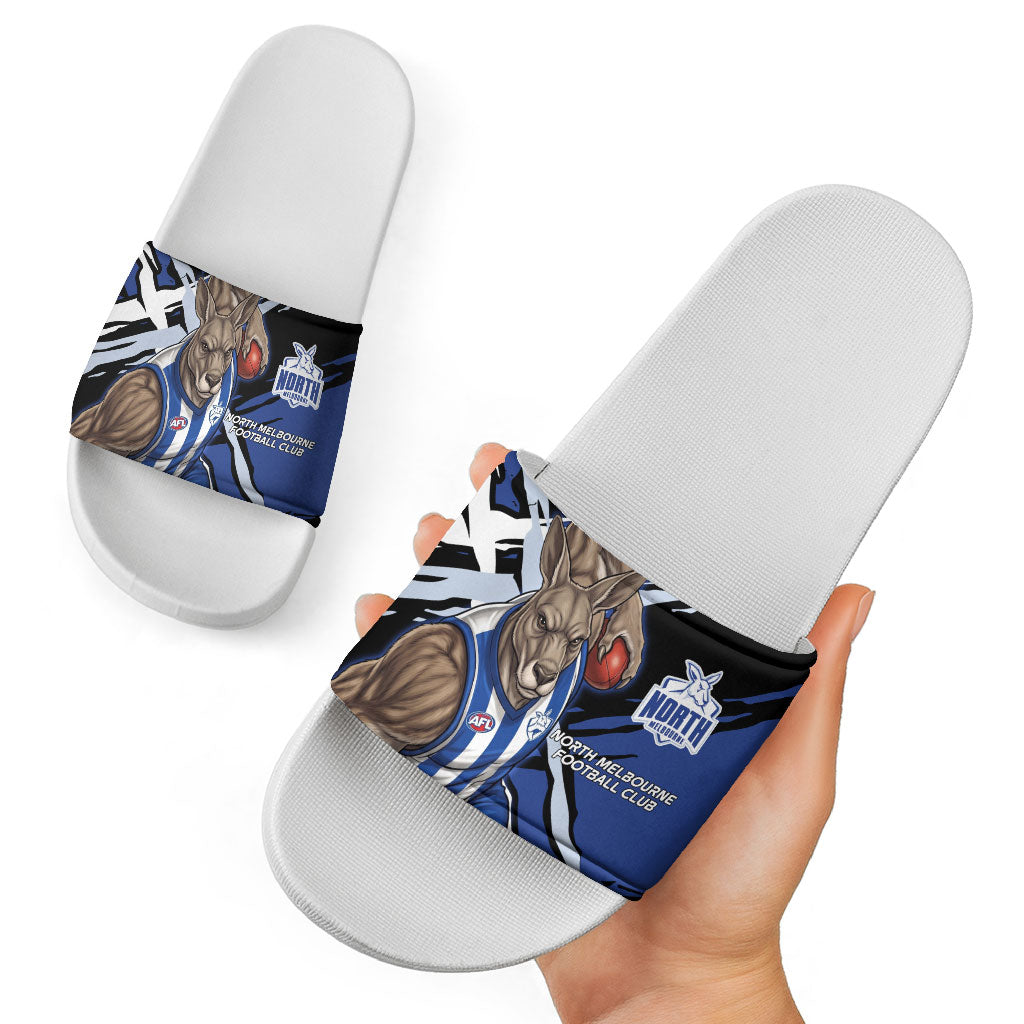 North Melbourne Football Club Slide Sandals Kangaroos Muscular Mascot Graphic - Abstract Paint Splatter Art