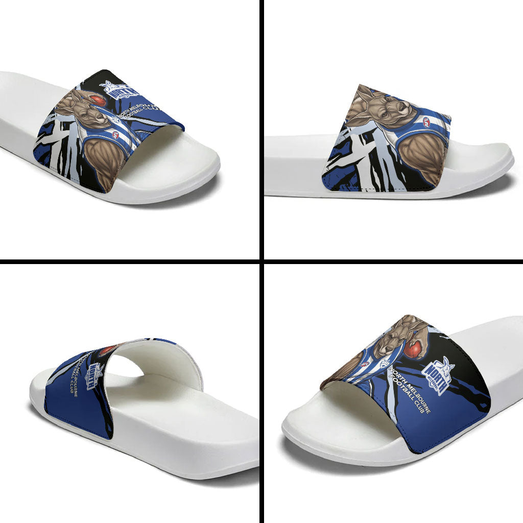 North Melbourne Football Club Slide Sandals Kangaroos Muscular Mascot Graphic - Abstract Paint Splatter Art
