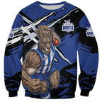 North Melbourne Football Club Sweatshirt Kangaroos Muscular Mascot Graphic - Abstract Paint Splatter Art