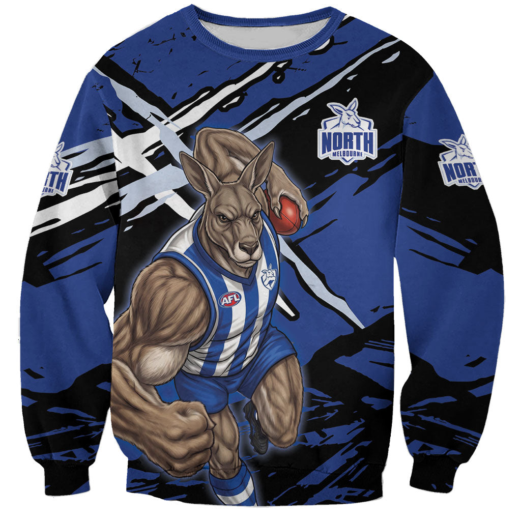 North Melbourne Football Club Sweatshirt Kangaroos Muscular Mascot Graphic - Abstract Paint Splatter Art