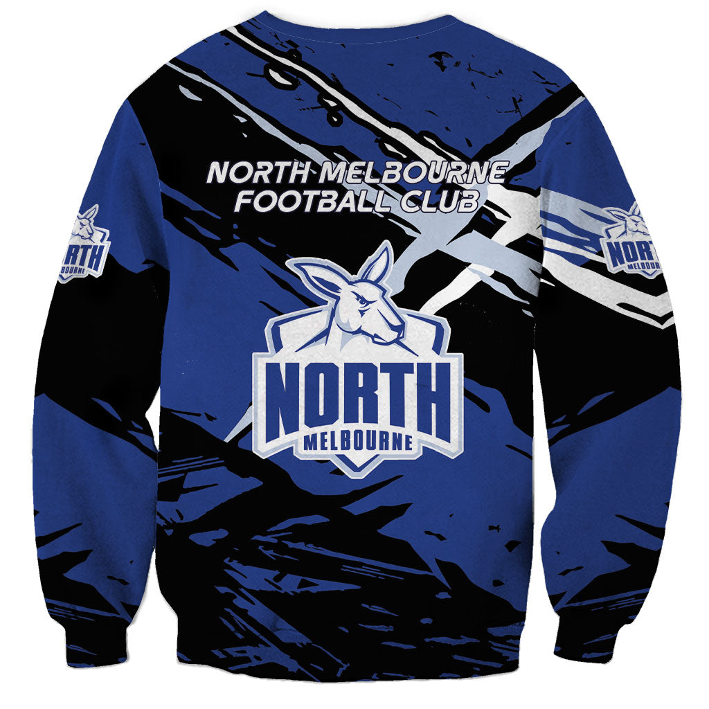 North Melbourne Football Club Sweatshirt Kangaroos Muscular Mascot Graphic - Abstract Paint Splatter Art