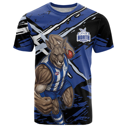 North Melbourne Football Club T Shirt Kangaroos Muscular Mascot Graphic - Abstract Paint Splatter Art
