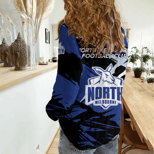 North Melbourne Football Club Women Casual Shirt Kangaroos Muscular Mascot Graphic - Abstract Paint Splatter Art