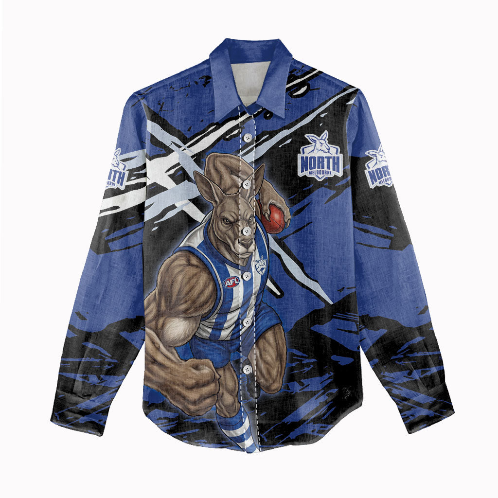 North Melbourne Football Club Women Casual Shirt Kangaroos Muscular Mascot Graphic - Abstract Paint Splatter Art