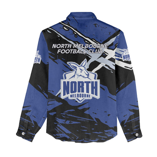 North Melbourne Football Club Women Casual Shirt Kangaroos Muscular Mascot Graphic - Abstract Paint Splatter Art