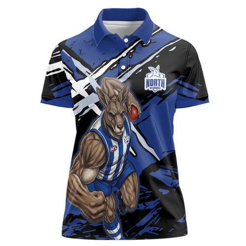 North Melbourne Football Club Women Polo Shirt Kangaroos Muscular Mascot Graphic - Abstract Paint Splatter Art