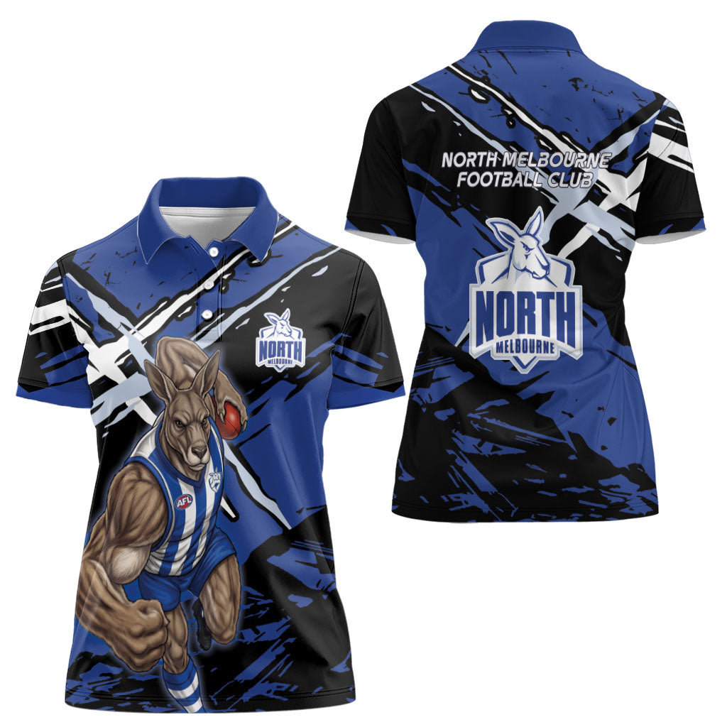 North Melbourne Football Club Women Polo Shirt Kangaroos Muscular Mascot Graphic - Abstract Paint Splatter Art