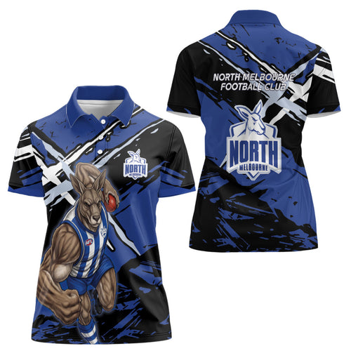North Melbourne Football Club Women Polo Shirt Kangaroos Muscular Mascot Graphic - Abstract Paint Splatter Art